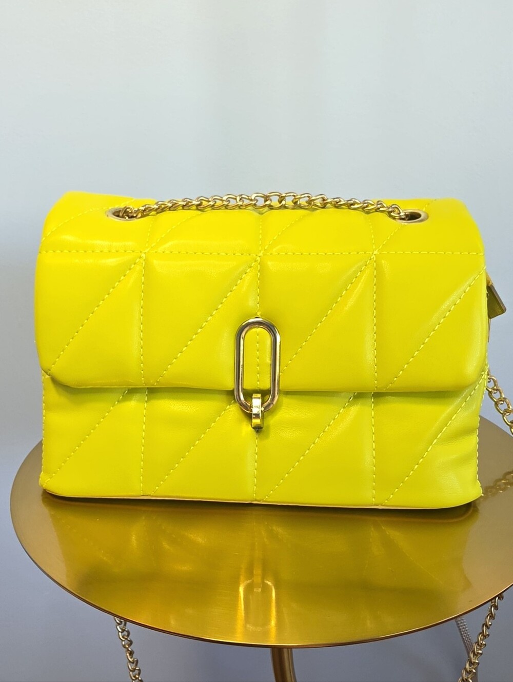 Neon Chartreuse Quilted Puffy Crossbody Shoulder Bag with Gold Chain